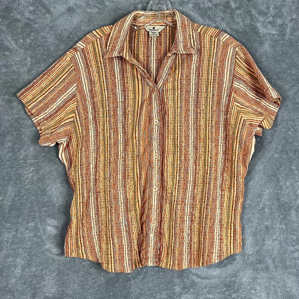Woolrich Button Down Shirt Womens M Short Sleeved Cotton Striped Southwestern